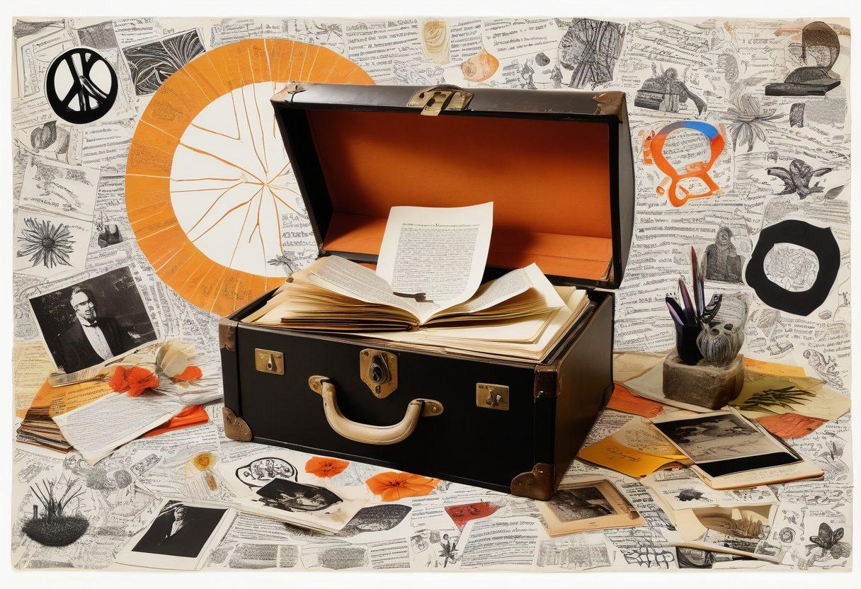 A vibrant collage of vintage books and underground publications spilling from a treasure chest, surrounded by symbols of counterculture like peace signs, flower power motifs, and psychedelic patterns. Soft, glowing light illuminating the pages filled with handwritten notes and art. Enigmatic silhouettes of diverse individuals exchanging ideas in the background, representing unity in diversity. surrealistic. vibrant colors. white background.