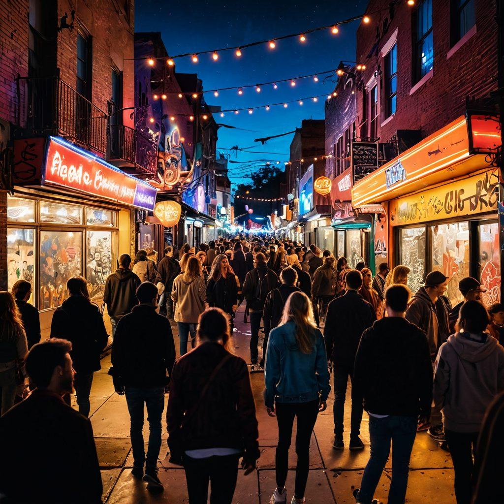 A vibrant, chaotic scene depicting a lively street filled with people dressed in eclectic counterculture fashion, surrounded by graffiti art and colorful murals. Neon lights illuminate the atmosphere as musicians play soulful tunes, and a sense of mystical rebellion is palpable. In the background, a whimsical, dream-like skyline hints at an alternate reality. The image captures spirit and unity in diversity. super-realistic. vibrant colors.