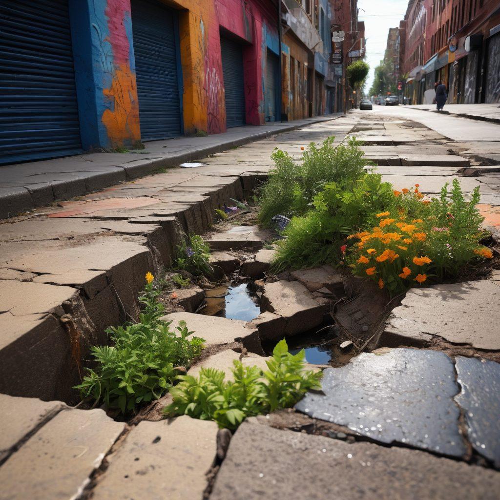 A diverse group of people engaged in lively discussion surrounded by chaotic urban landscapes, plants growing through cracks in the pavement, symbolic representations of radical ideas, like abstract art and vibrant graffiti. An atmosphere of introspection with contrasting elements of order and chaos blending together harmoniously. Bright colors and dynamic forms to evoke a sense of community and resilience. super-realistic. vibrant colors. urban art style.